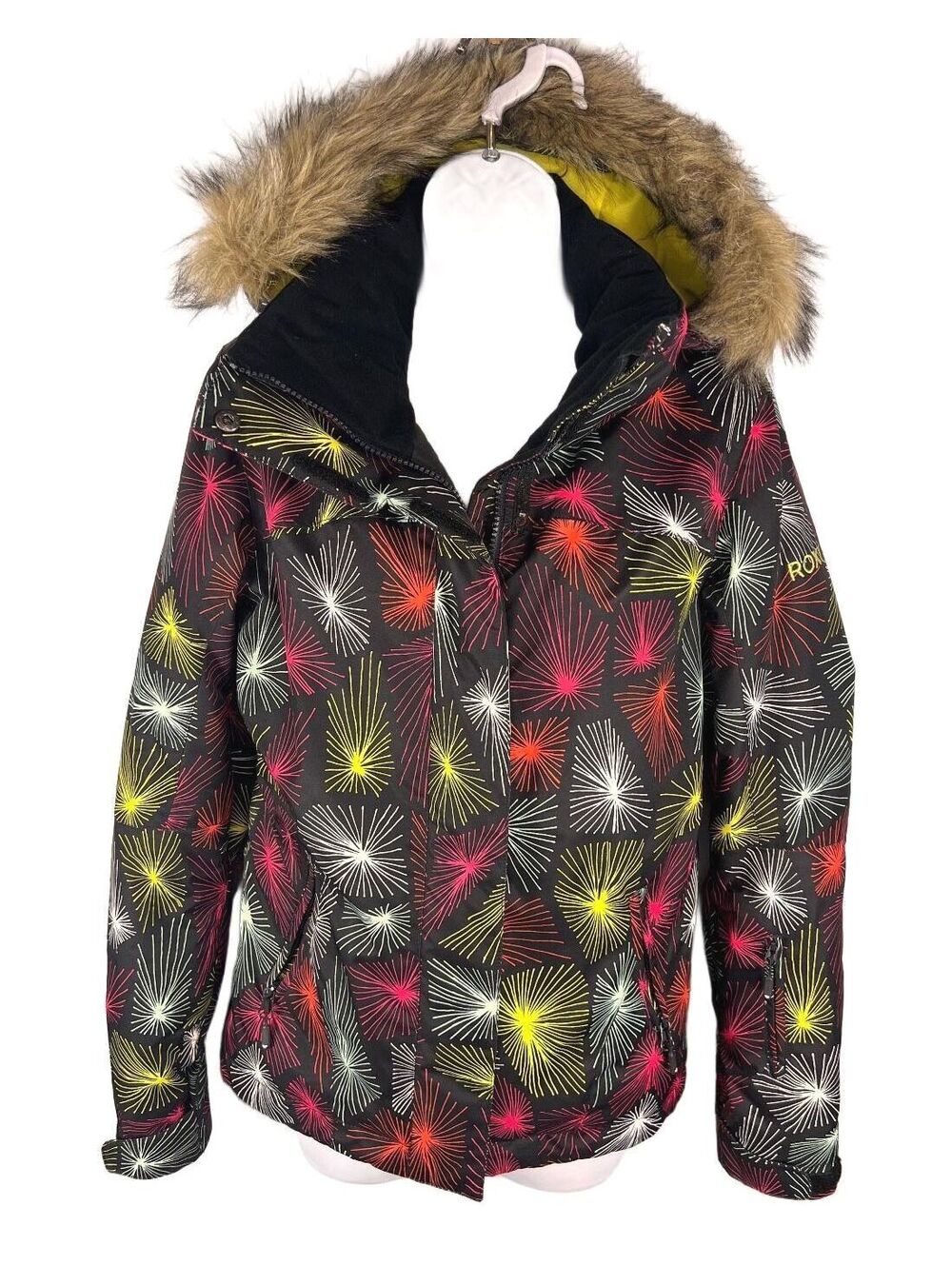 Roxy Jet Ski Ski Jacket Neon Abstract Geometric Fireworks Faux Fur Hood Y2K XS